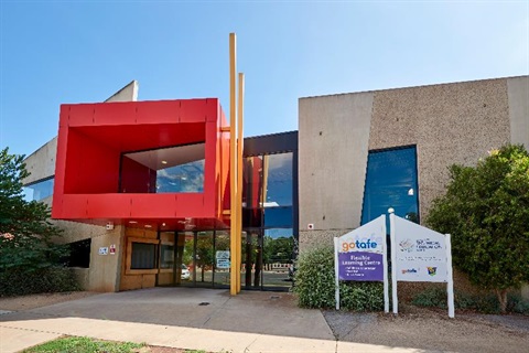 GOTAFE Wangaratta Campus modern education building with red yellow and blue components